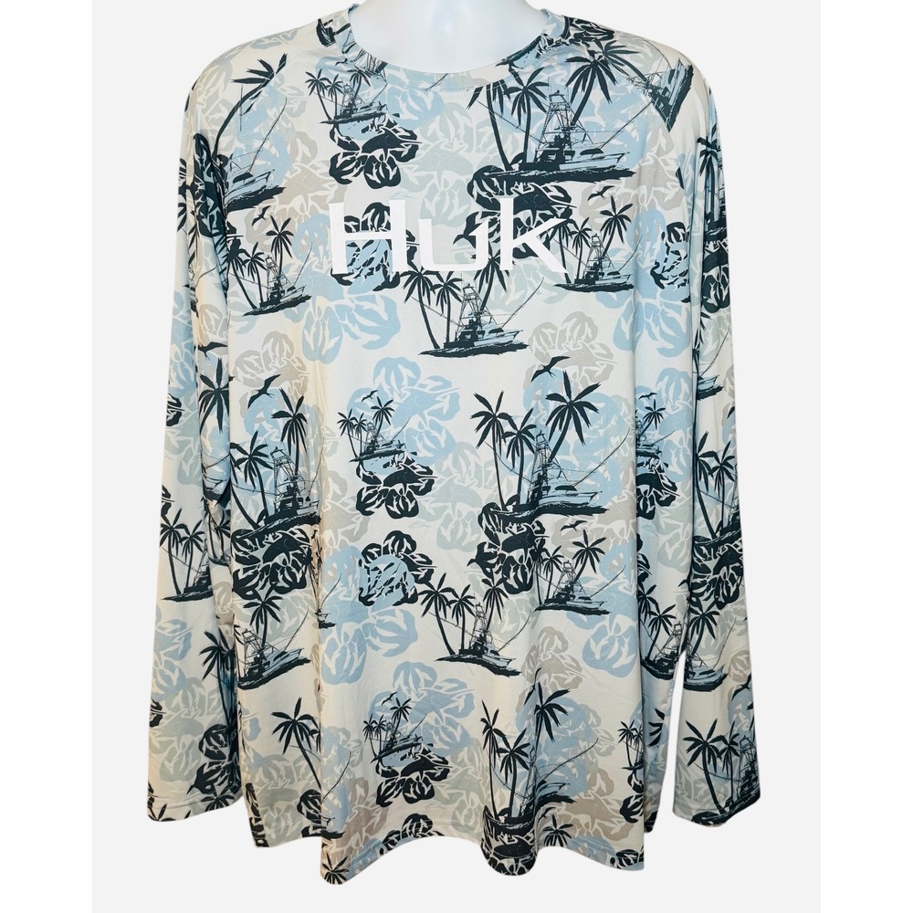 Huk Fishing Shirt Mens XL Long Sleeve Performance Tropical Boat Print Blue Grey